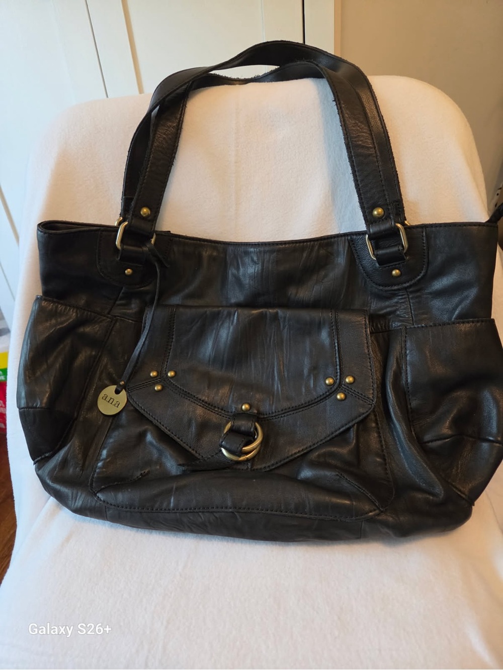 a.n.a Black Leather Shoulder Tote with Brass Stud Details